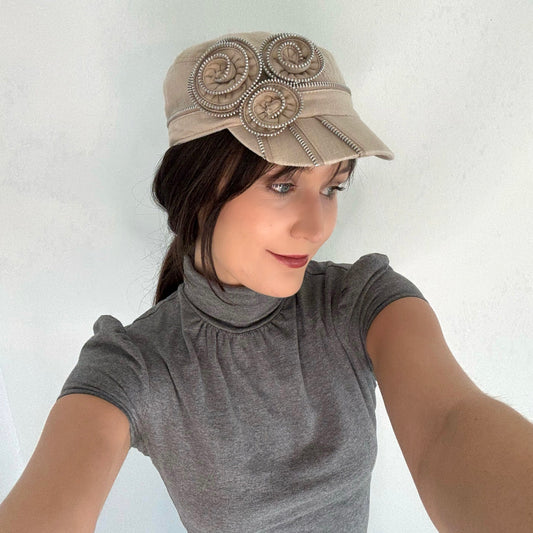 Y2K Beige Zipper Rosette Linen Cap