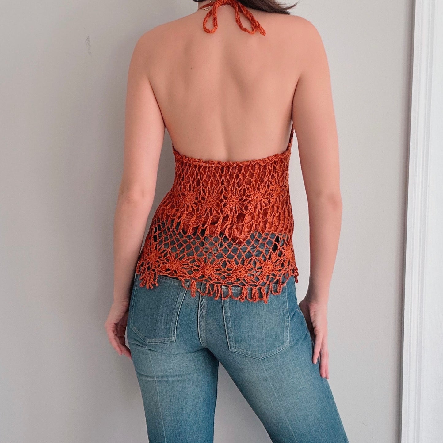 Y2K Burnt Orange Crochet Halter Top / SZ S