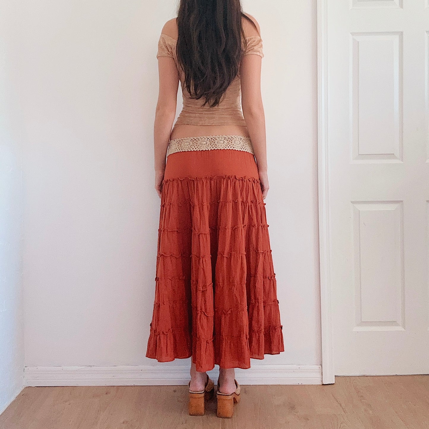 Y2K Burnt Orange Tiered Maxi Skirt / SZ M