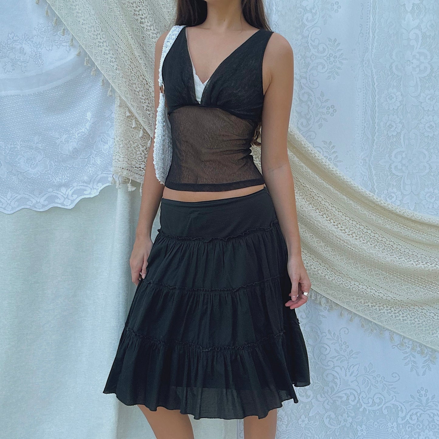 Y2K Black Cotton Tiered Midi Skirt / SZ 4
