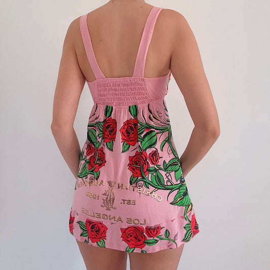 Y2K Christian Audigier Pink Printed Mini Dress / SZ S