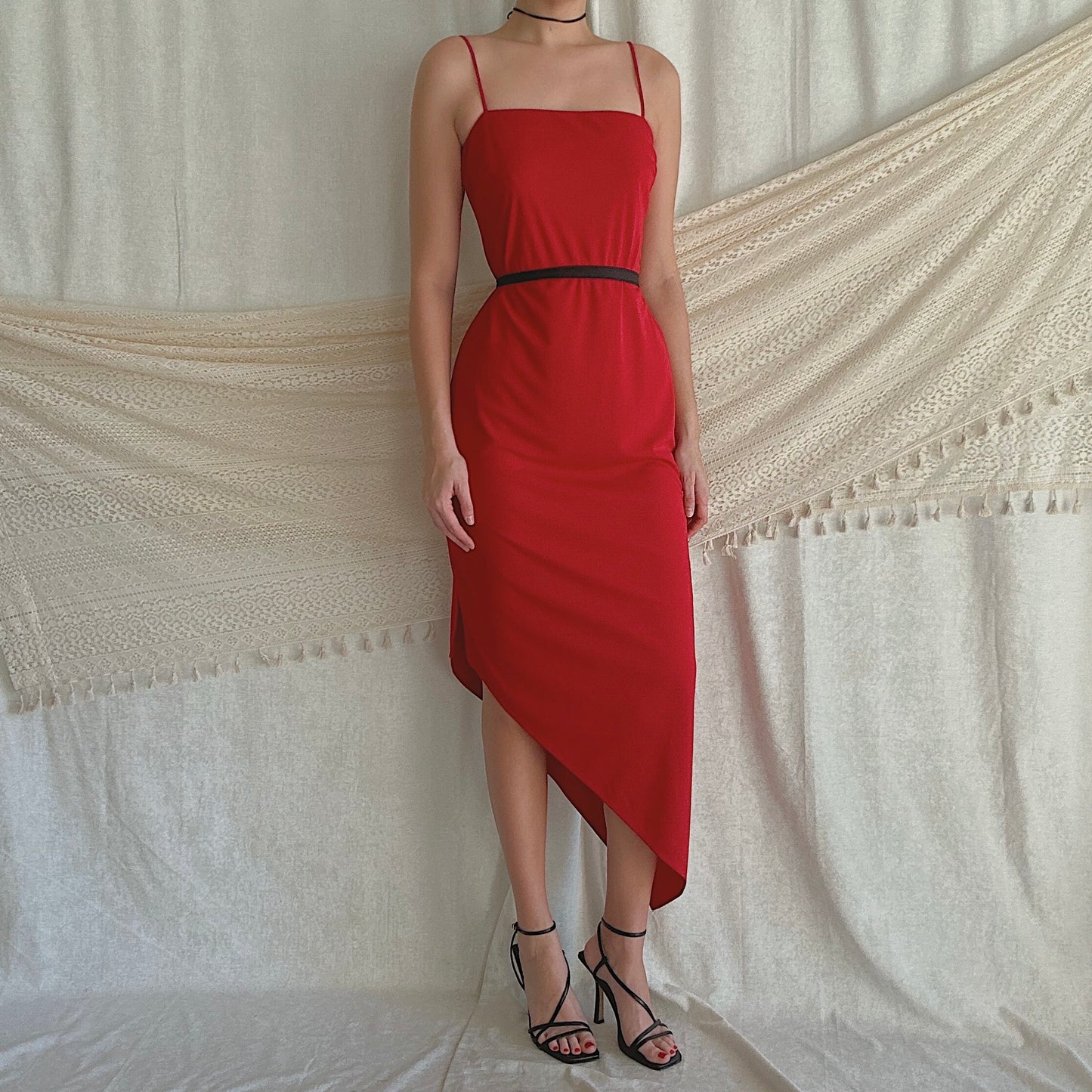 90's Red Asymmetric Dress / SZ 6