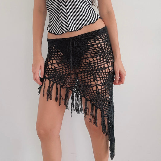 Y2K Black Crochet Fringe Skirt / SZ S-M
