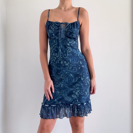 Y2K Blue Paisley Mesh Midi Dress / SZ S/M
