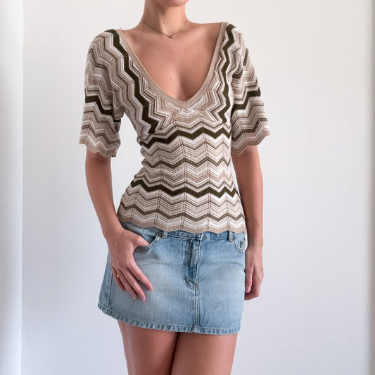 Y2K Tan & Army Chevron Knit Top / SZ S