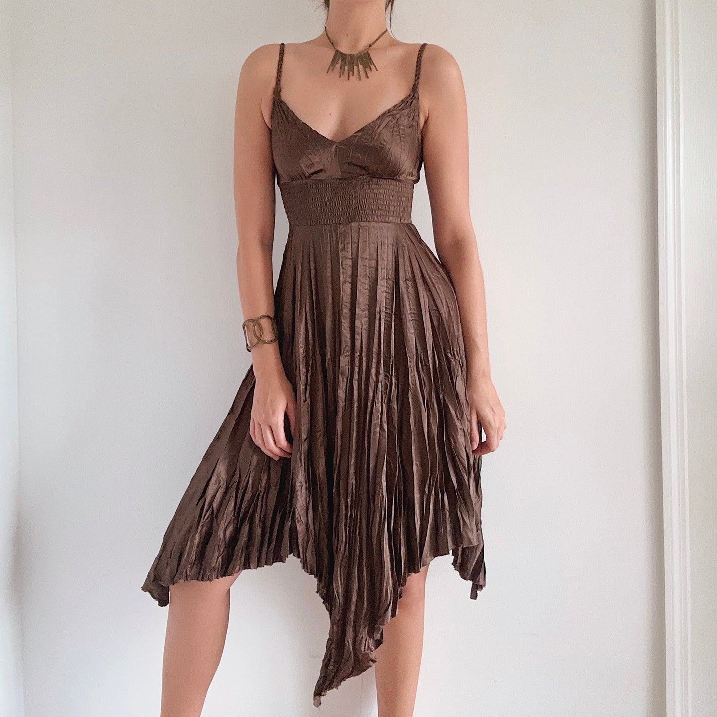 Y2K Brown Crinkle Pleat Midi Dress / SZ XS/S