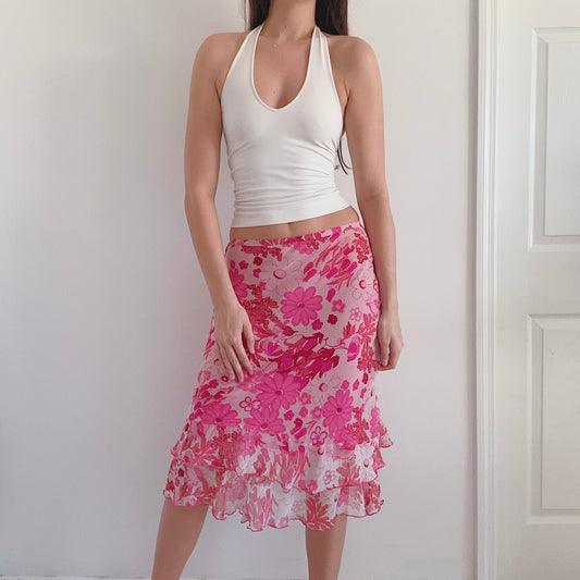 Y2K Hot Pink Floral Silk Midi Skirt / SZ S