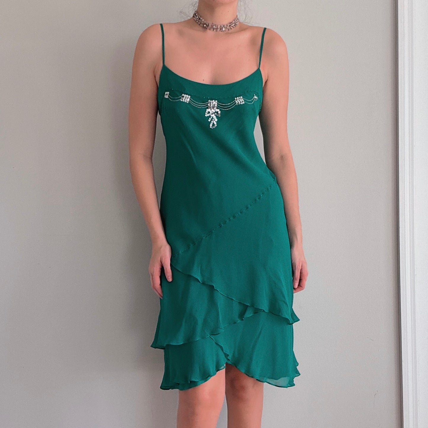 90's Emerald Silk Embellished Midi Dress / SZ M