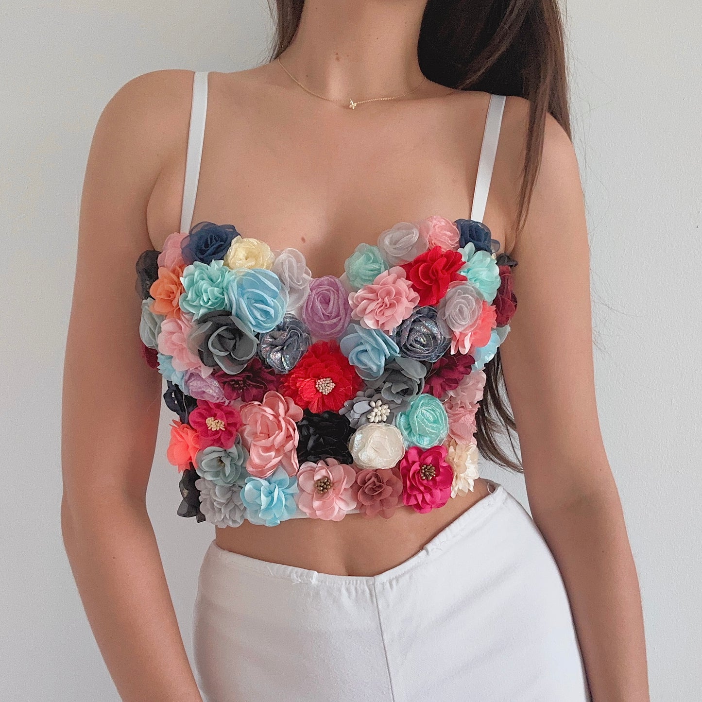 White Multicolor Rosette Bustier / SZ XS/S