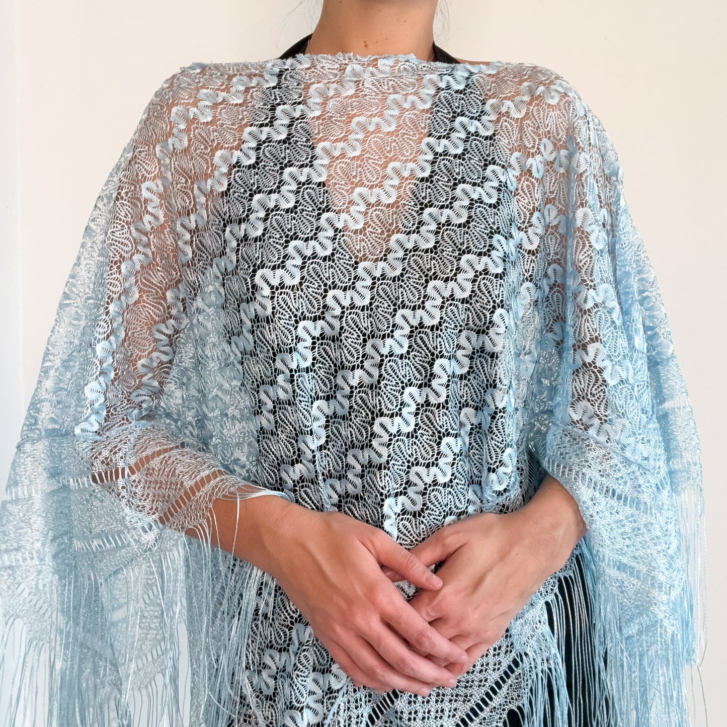 Y2K Sky Blue Lace Fringe Poncho / One Size