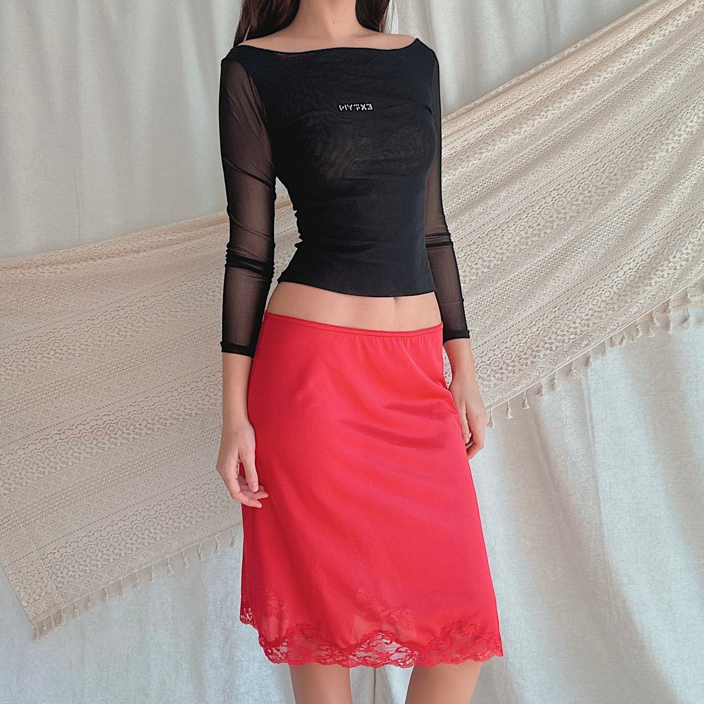 80's Red Lace Slip Midi Skirt / SZ M