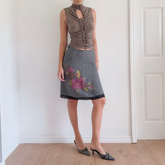 Y2K Grey Painted Floral Midi Skirt / SZ XS/S