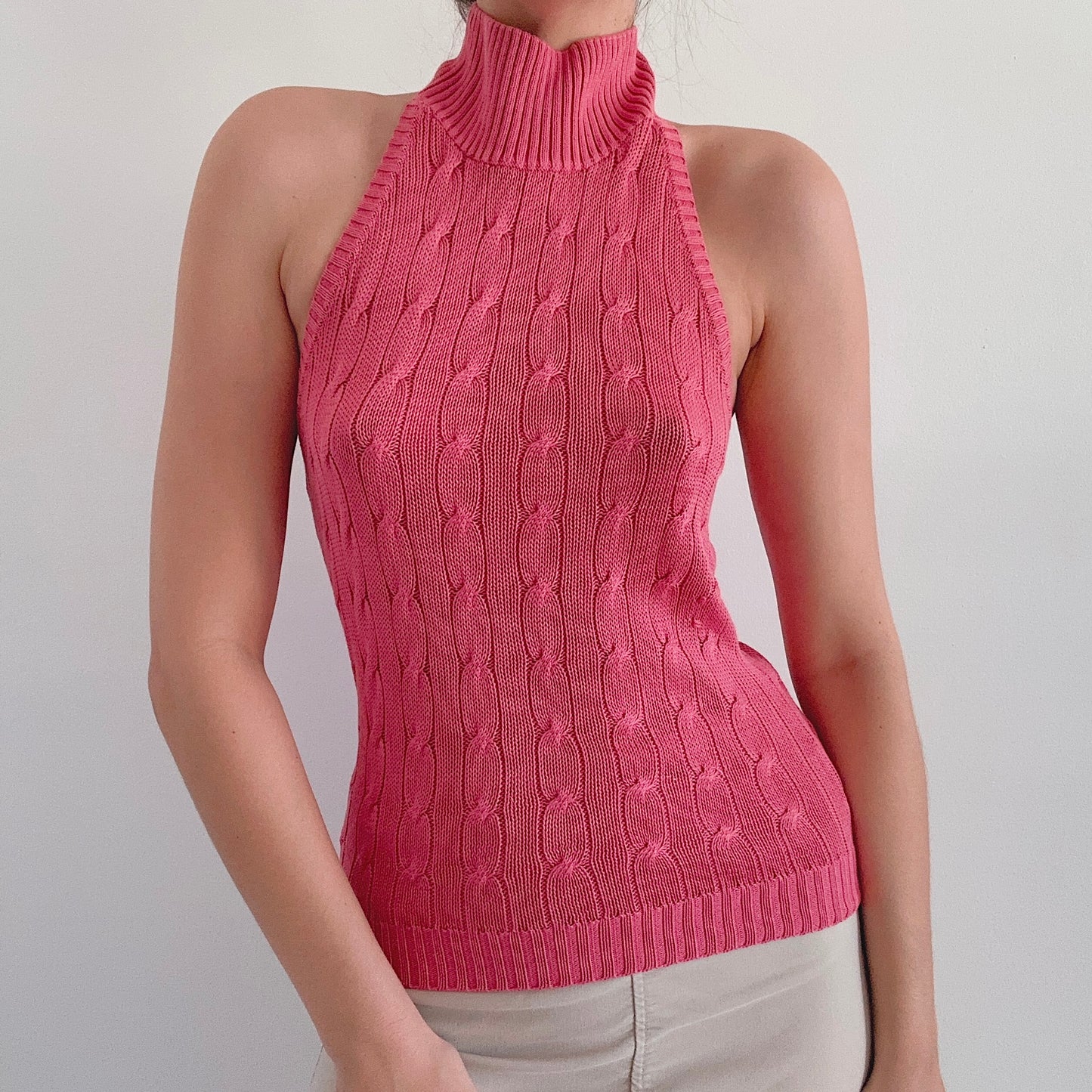 Y2K Pink Cable Silk Knit Halter Top / SZ M