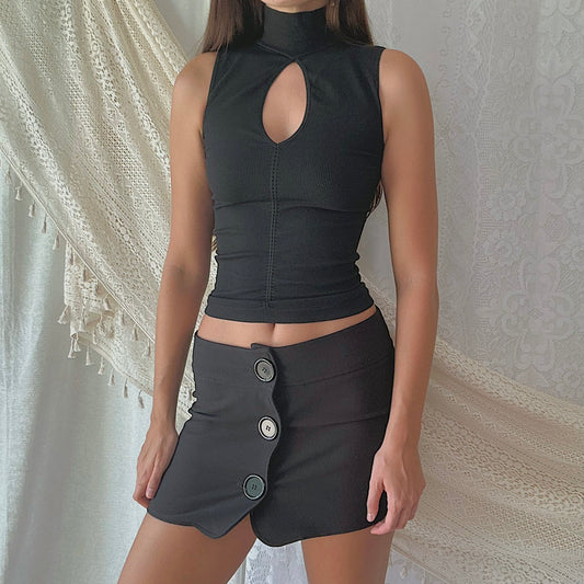 Y2K Black Button Mini Skirt / SZ S