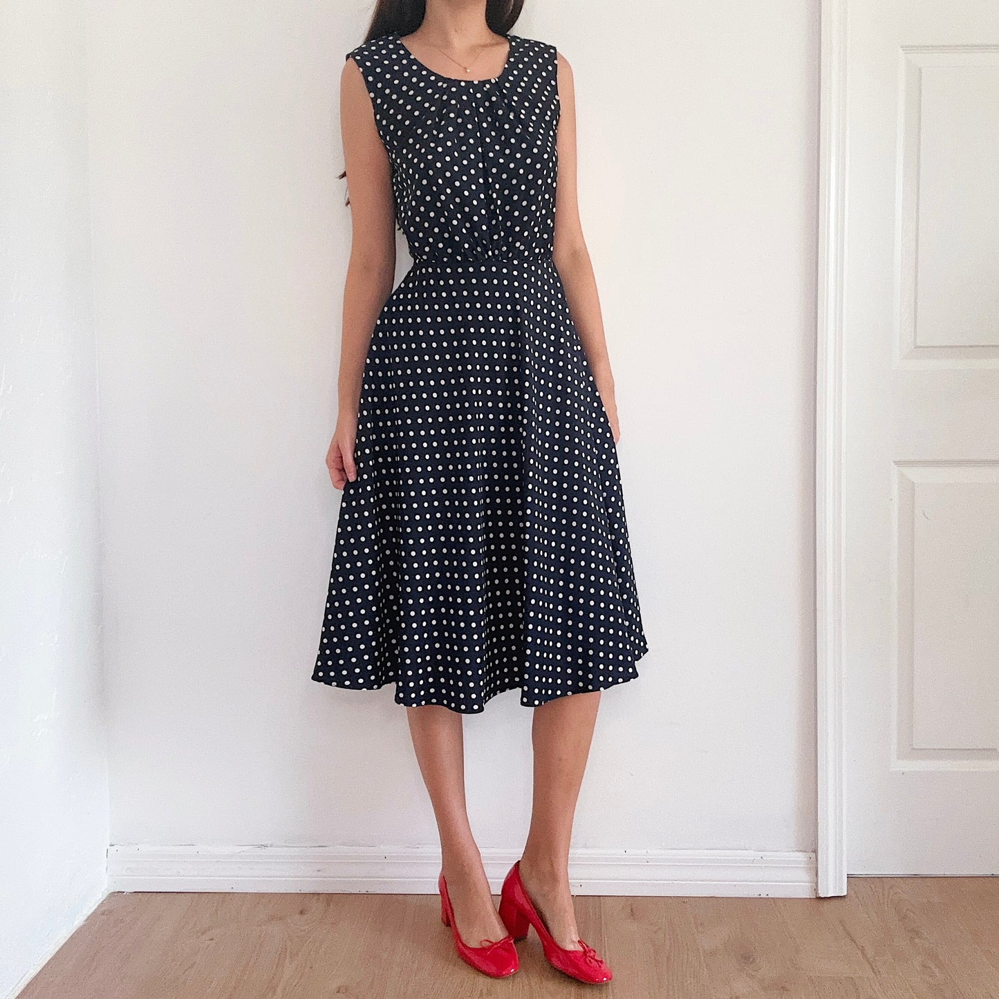 80's Navy Polka Dot Midi Dress / SZ S