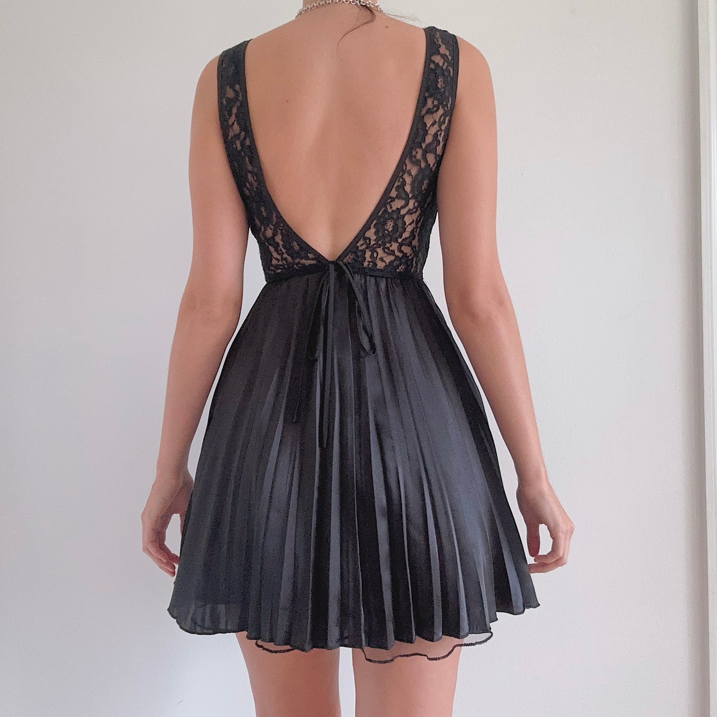 Y2K Black Lace Pleated Satin Mini Dress / SZ XS