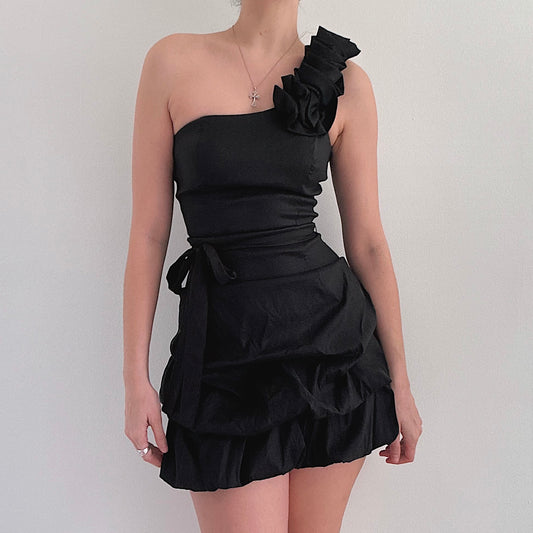 Y2K Black One Shoulder Bubble Mini Dress / SZ S