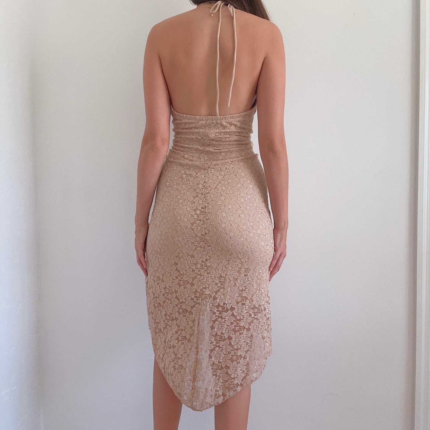 Y2K Nude Lace Sparkle Midi Dress / SZ M/L