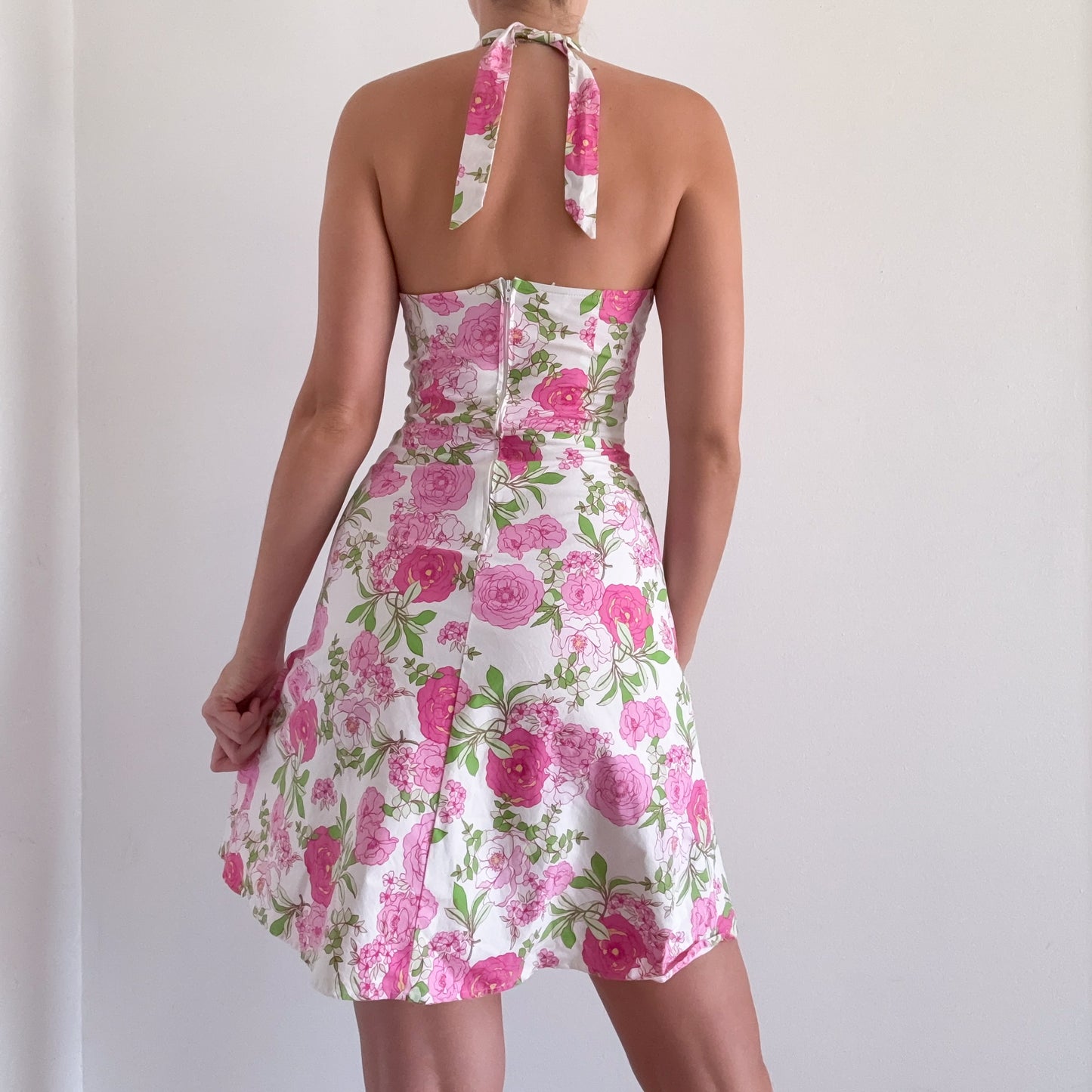 Y2K Pink & Green Floral Halter Dress / SZ S