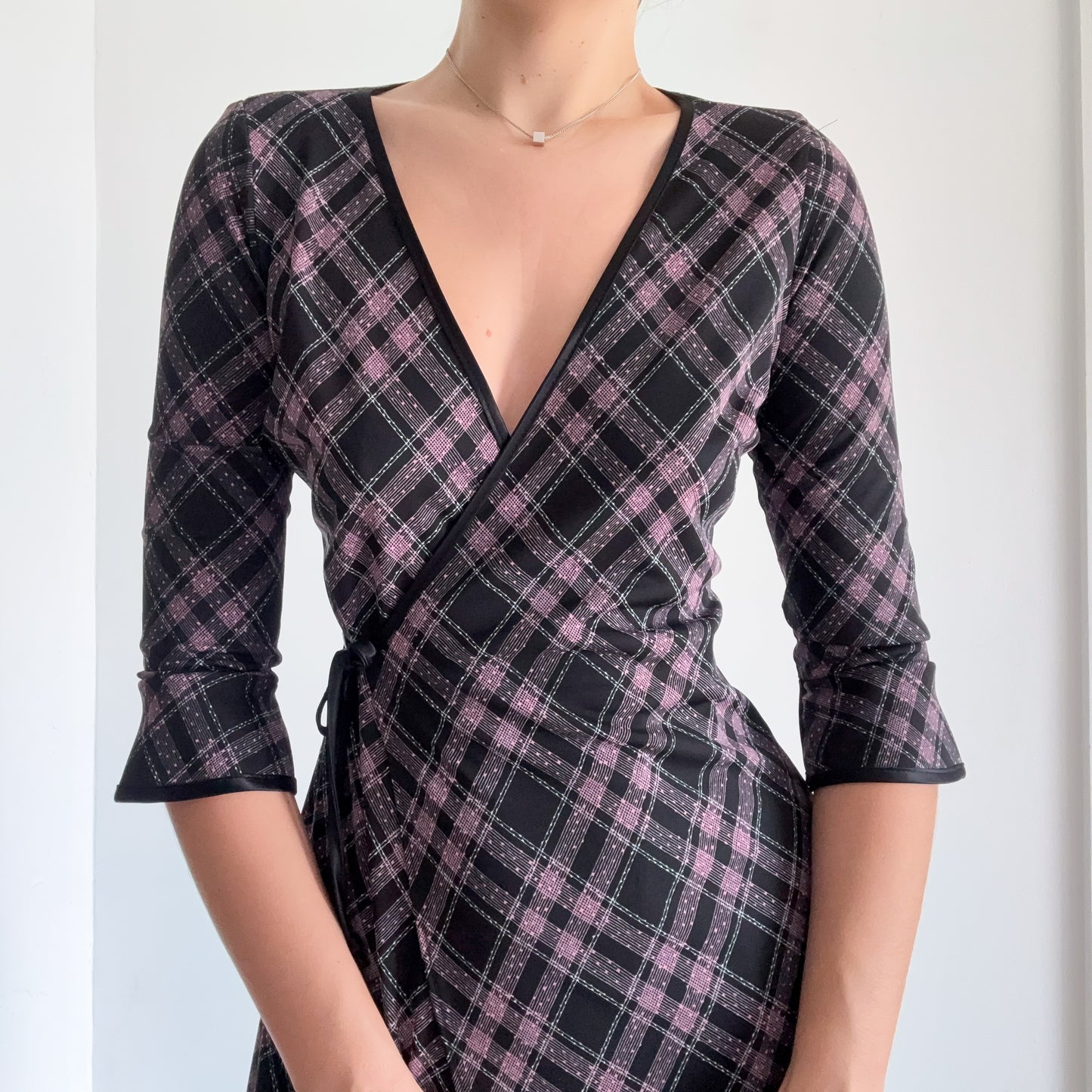 Y2K Black & Pink Plaid Wrap Dress / SZ S