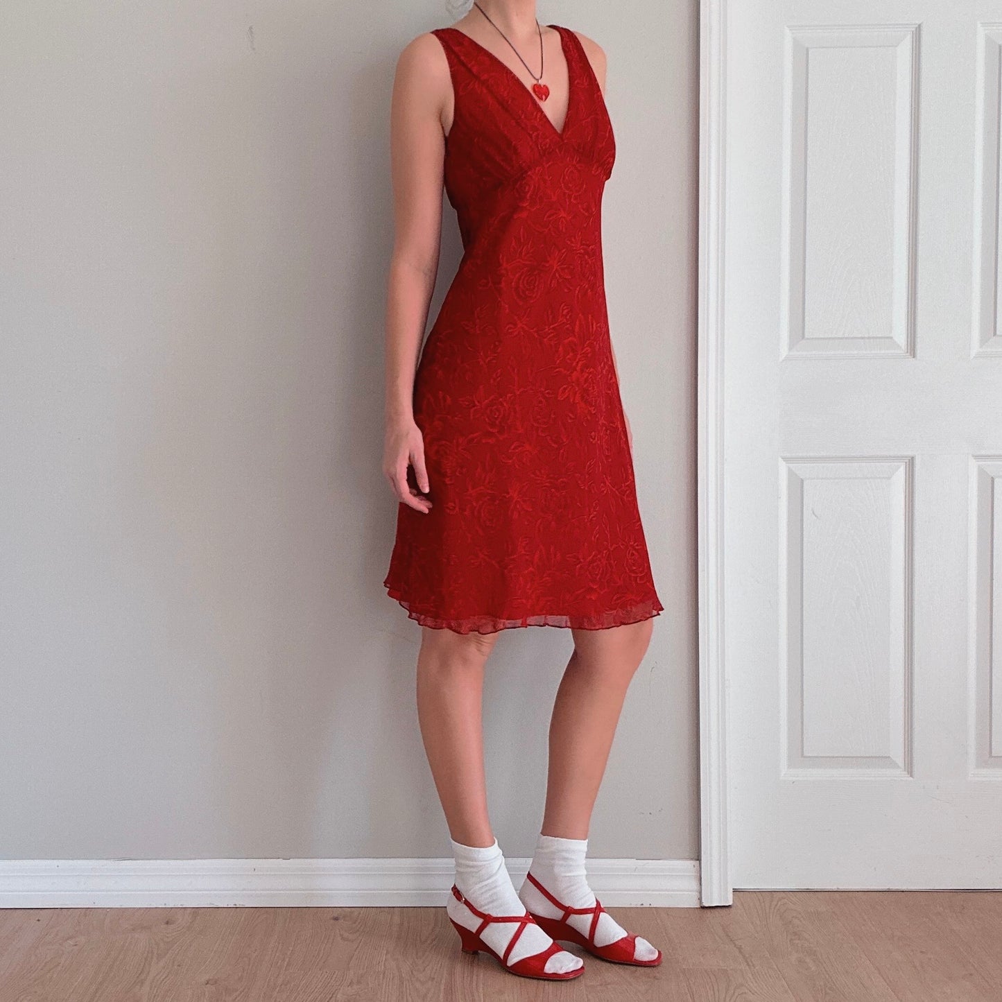 90's Red Rose Silk Midi Dress / SZ 6