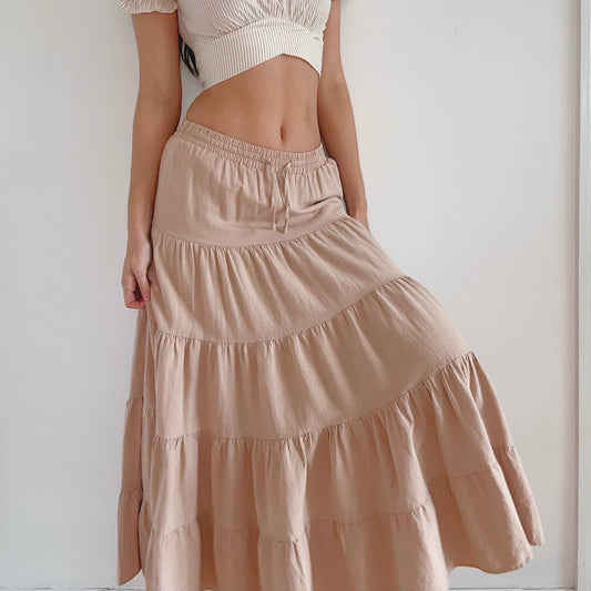 Contemporary Tan Tiered Maxi Skirt / SZ S