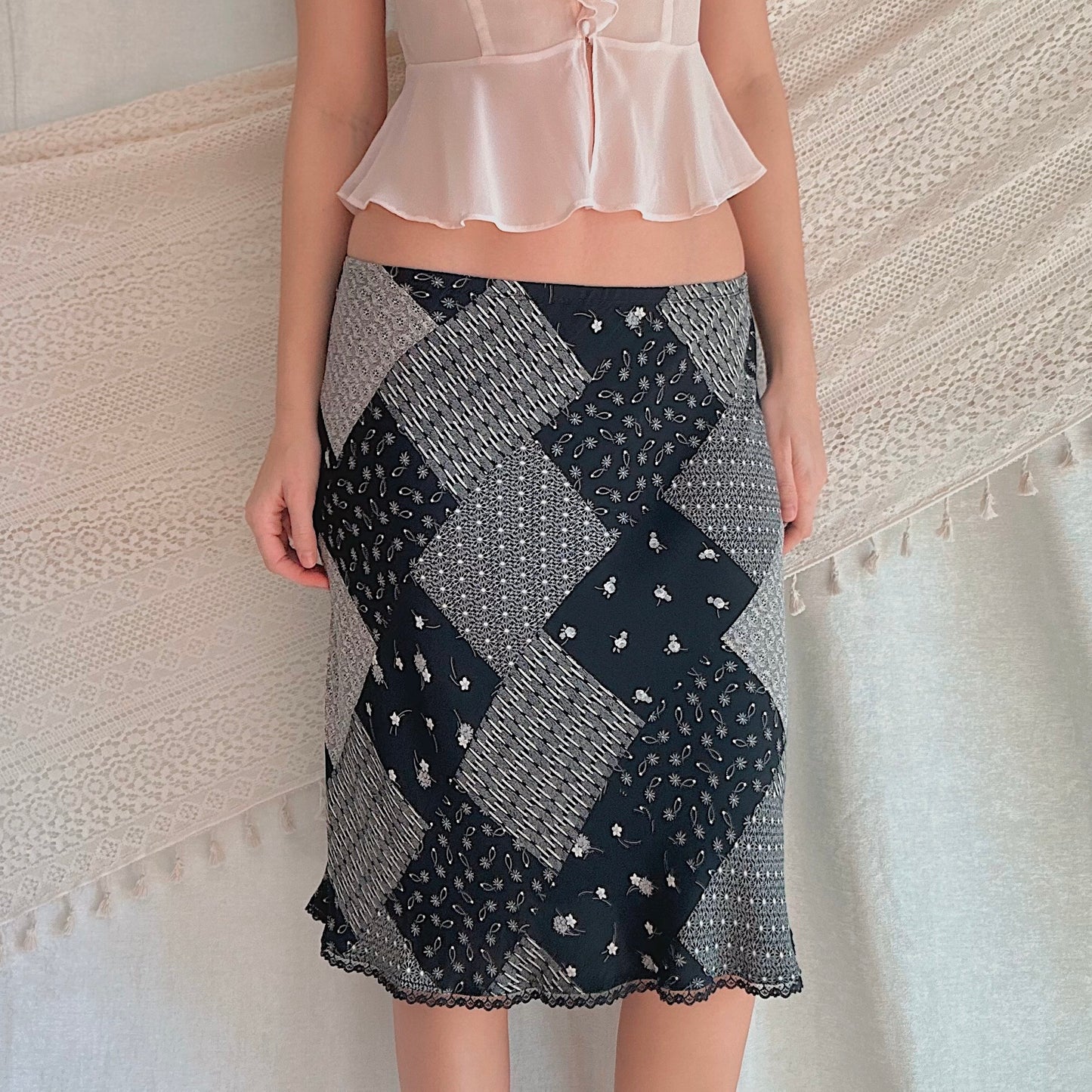 Y2K B&W Patchwork Printed Rayon Midi Skirt / SZ S