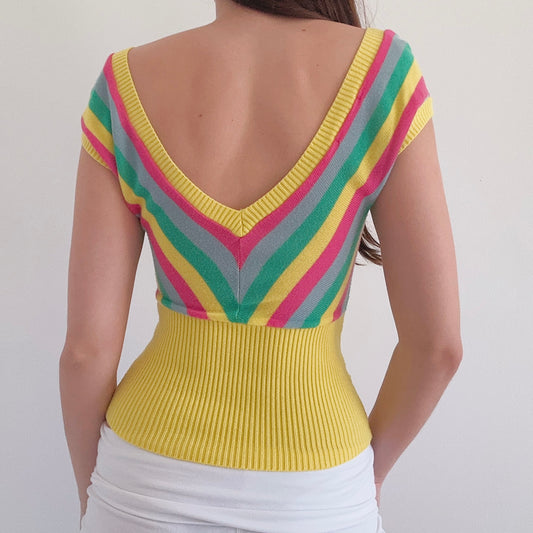 Y2K Yellow Multicolor Striped Knit Top / SZ S