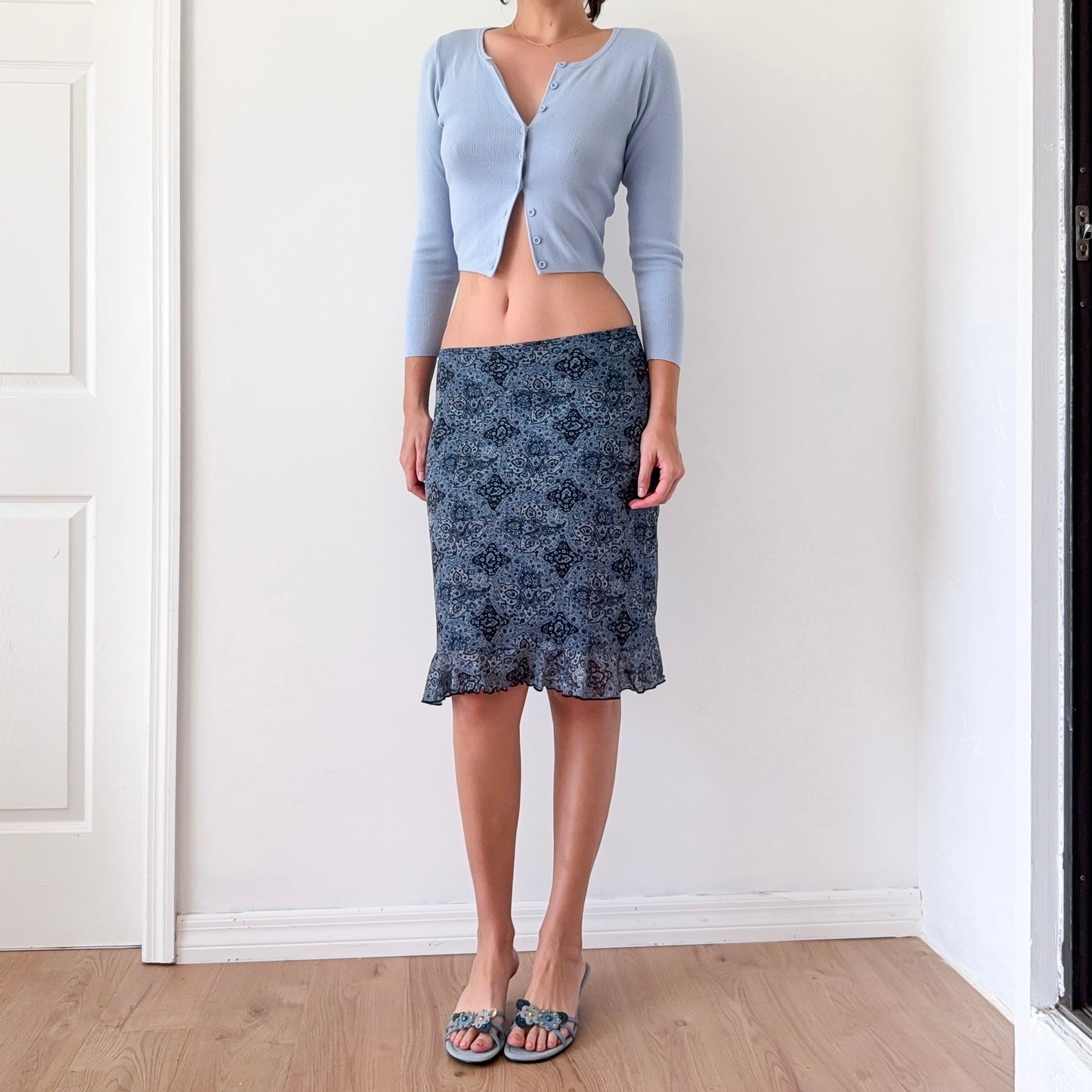 Y2K Stone Blue Paisley Mesh Midi Skirt / SZ M