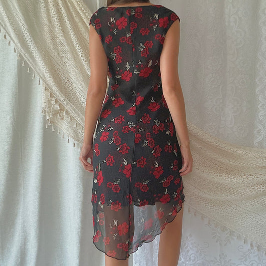 Y2K Black & Red Floral Chiffon Dress / SZ M