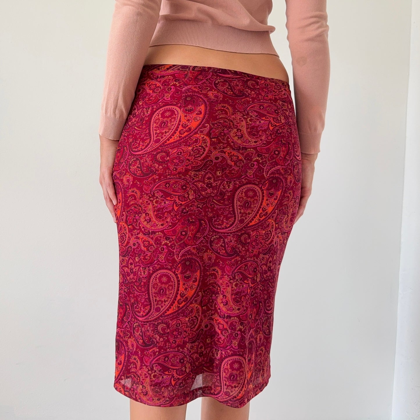 Y2K Magenta Paisley Mesh Midi Skirt / SZ M