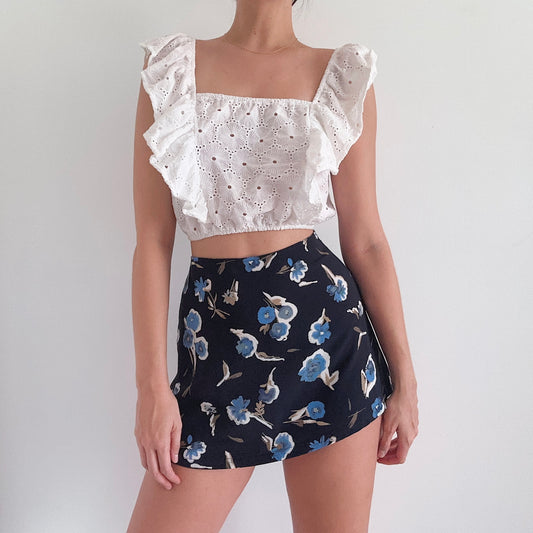 90's Black & Blue Floral Mini Skirt / SZ XS/S