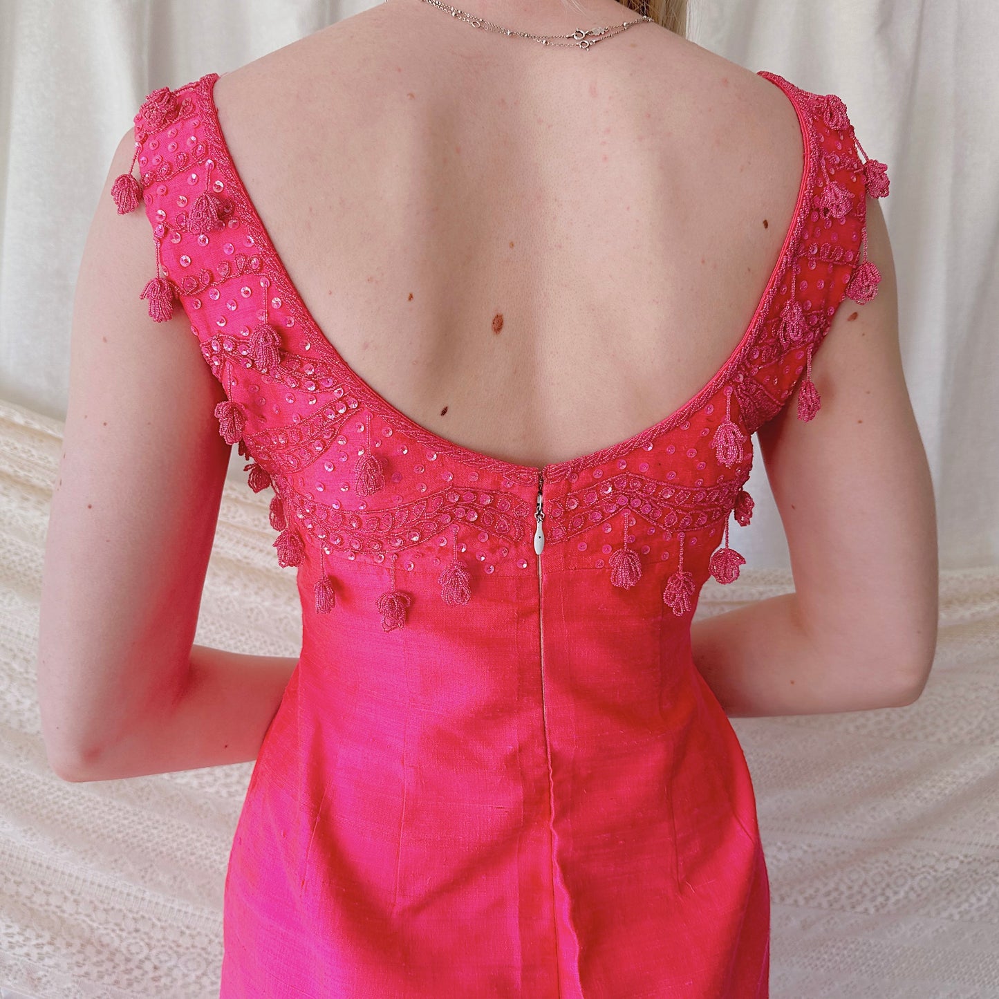70's Hot Pink Beaded Tassel Gown / SZ 2