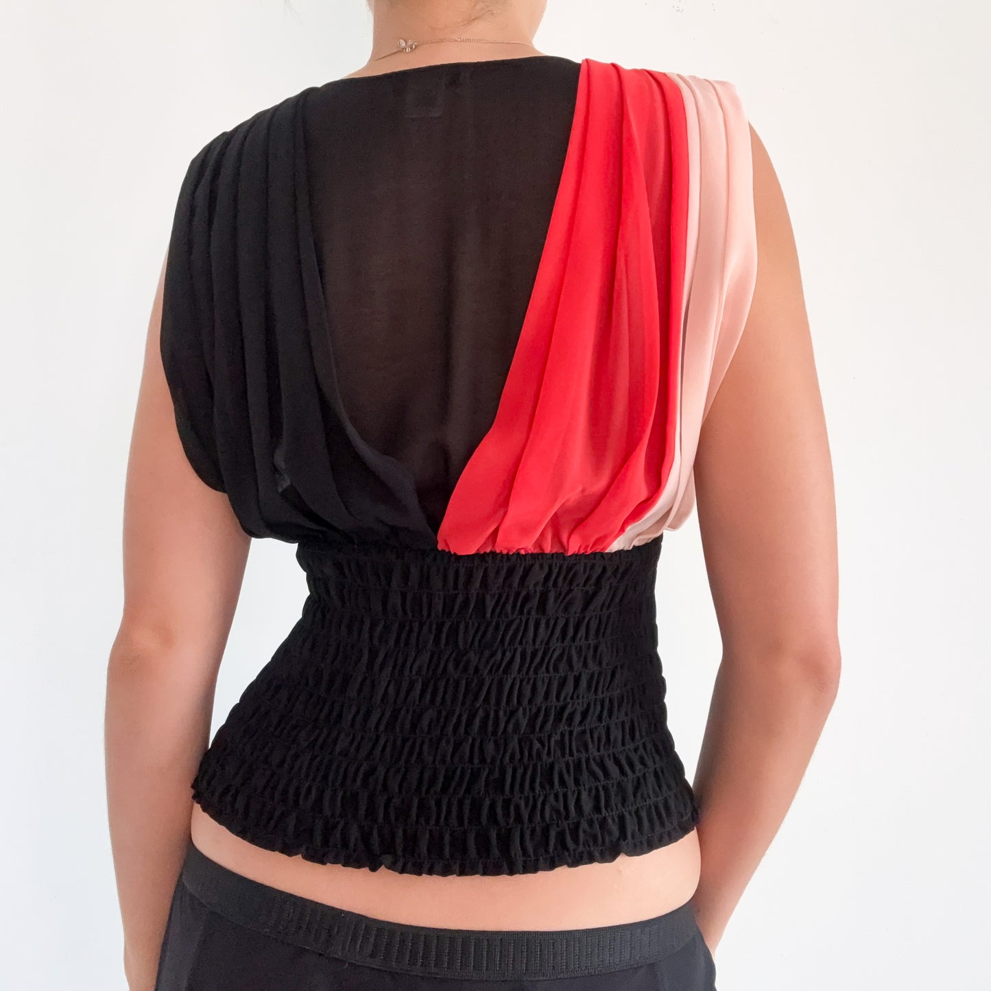 Y2K Black & Coral Pleated Chiffon Blouse / SZ S