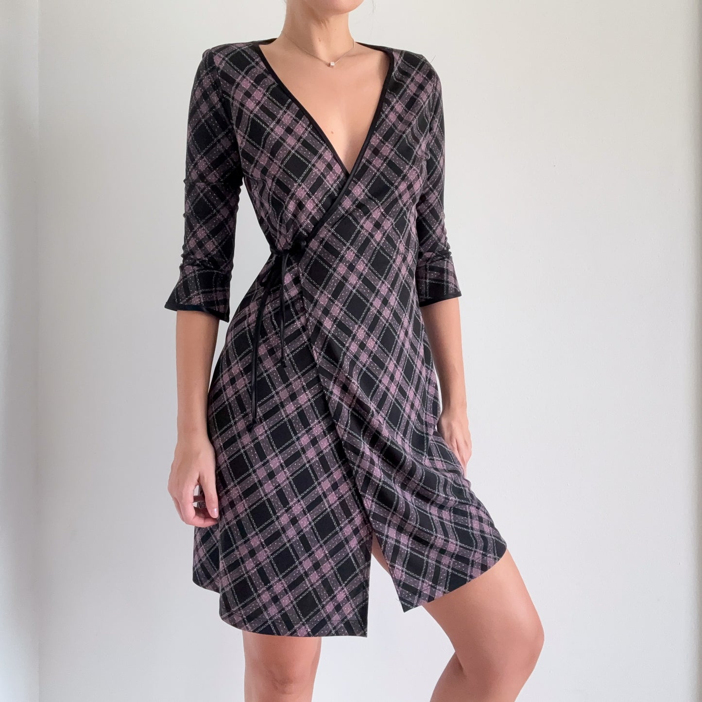Y2K Black & Pink Plaid Wrap Dress / SZ S