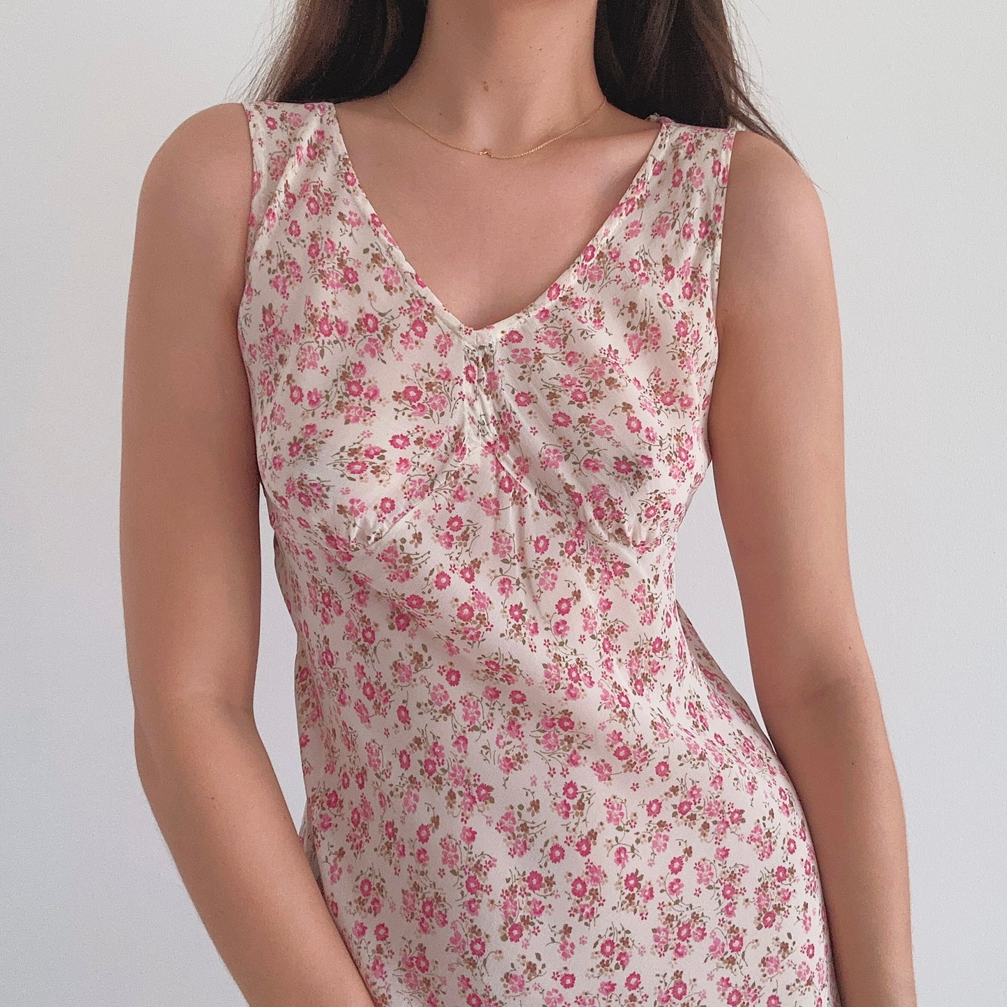 Y2K Cream & Pink Floral Rayon Midi Dress / SZ S