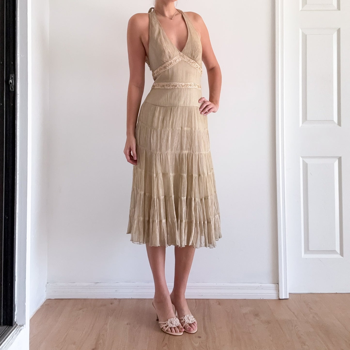 Y2K Cache Gold Beaded Halter Midi Dress / SZ 4