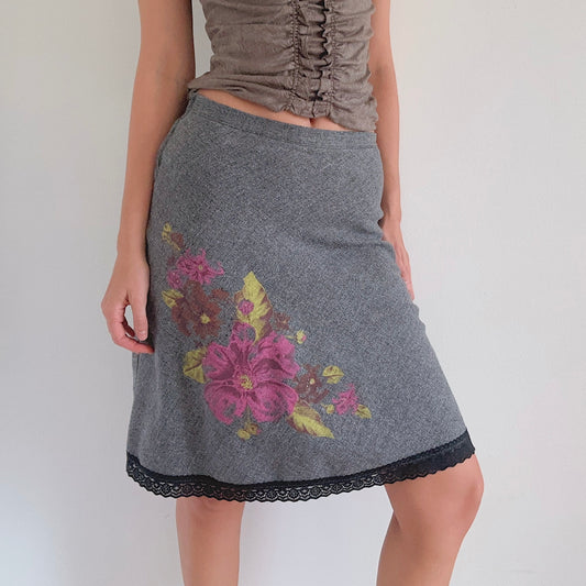 Y2K Grey Painted Floral Midi Skirt / SZ XS/S