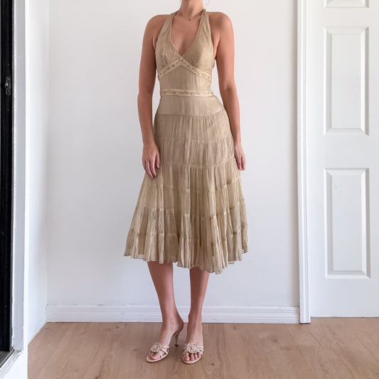 Y2K Cache Gold Beaded Halter Midi Dress / SZ 4