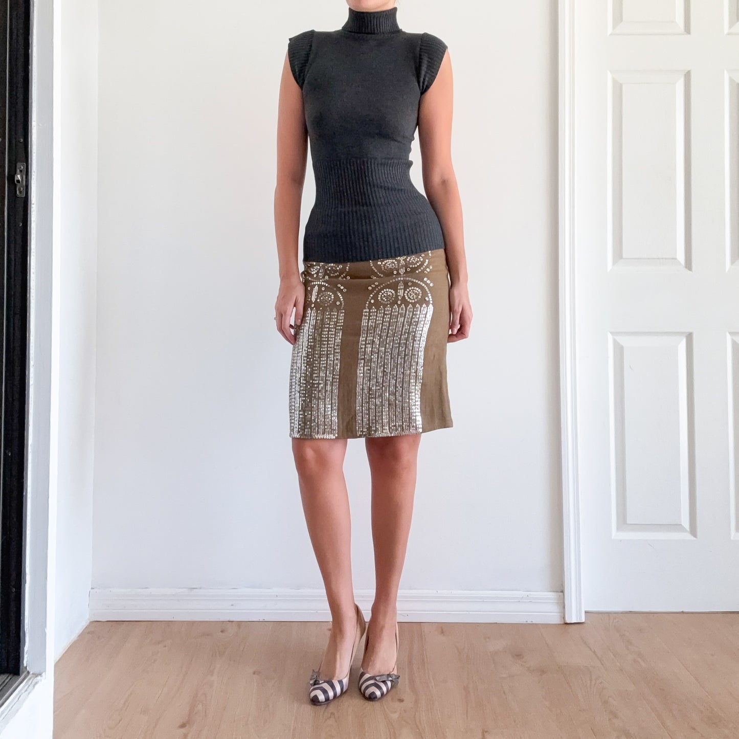 Y2K Olive & Silver Sequin Linen Pencil Skirt / SZ 6