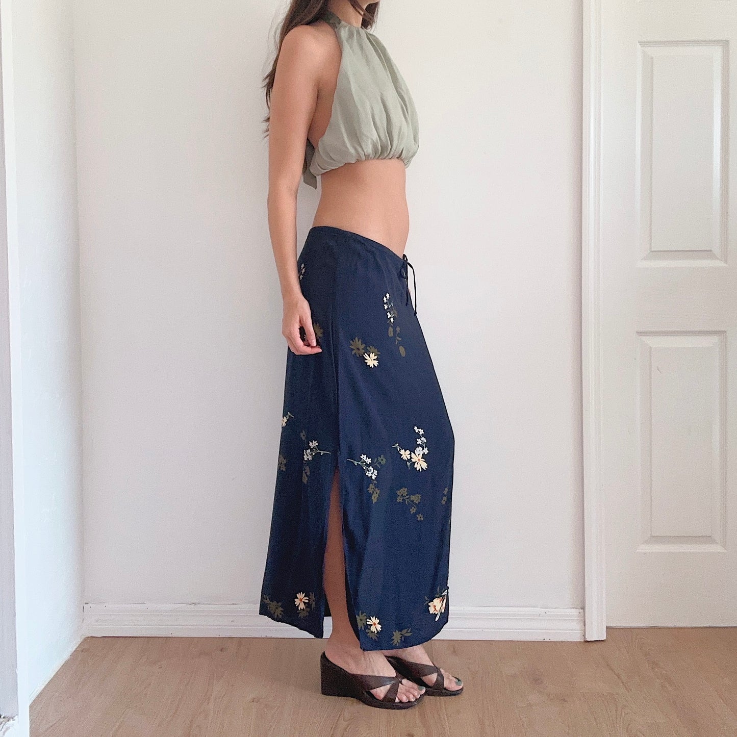 Y2K Navy Floral Rayon Maxi Skirt / SZ M