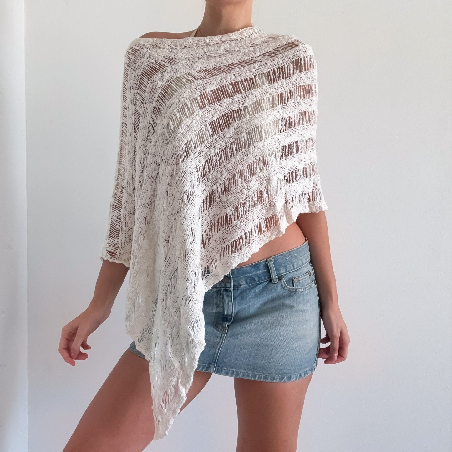 Y2K Ivory Knitted Poncho / One Size