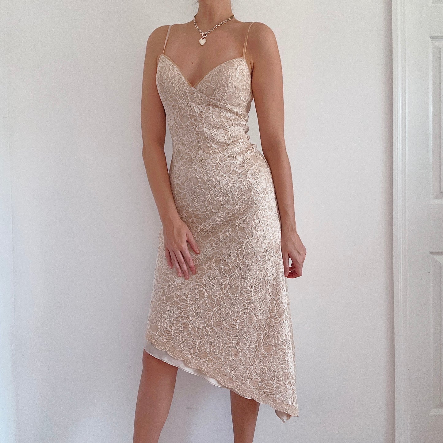 Y2K Champagne Lace Asymmetric Dress / SZ 6