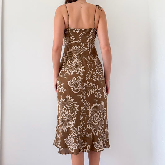 Y2K Brown Silk Printed Midi Dress / SZ 8