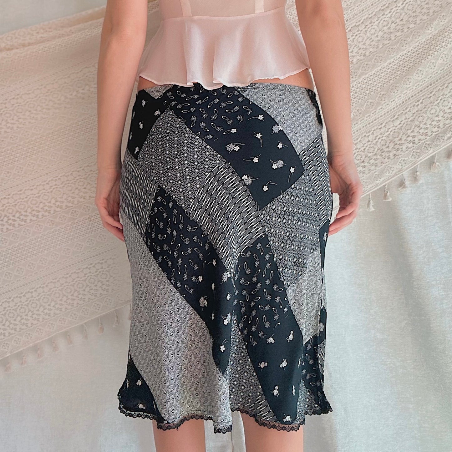 Y2K B&W Patchwork Printed Rayon Midi Skirt / SZ S