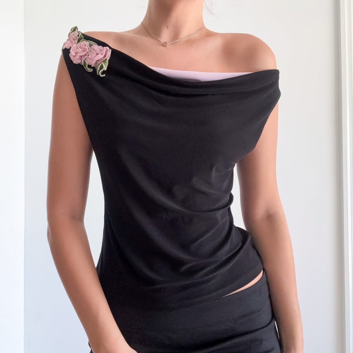 Y2K Black & Pink Floral Draped Top / SZ M-L