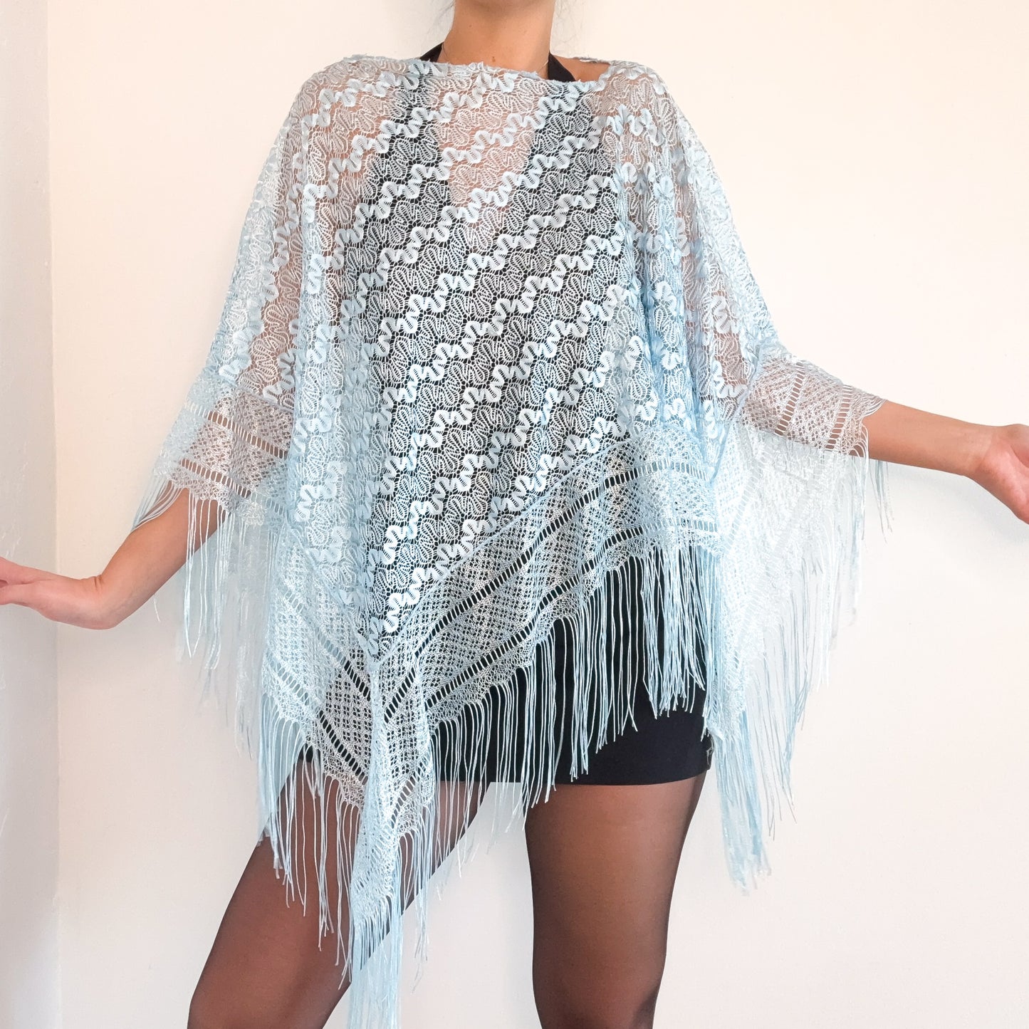 Y2K Sky Blue Lace Fringe Poncho / One Size