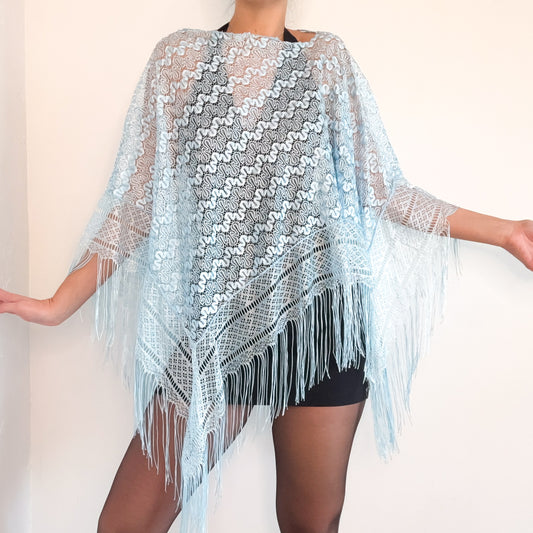 Y2K Sky Blue Lace Fringe Poncho / One Size