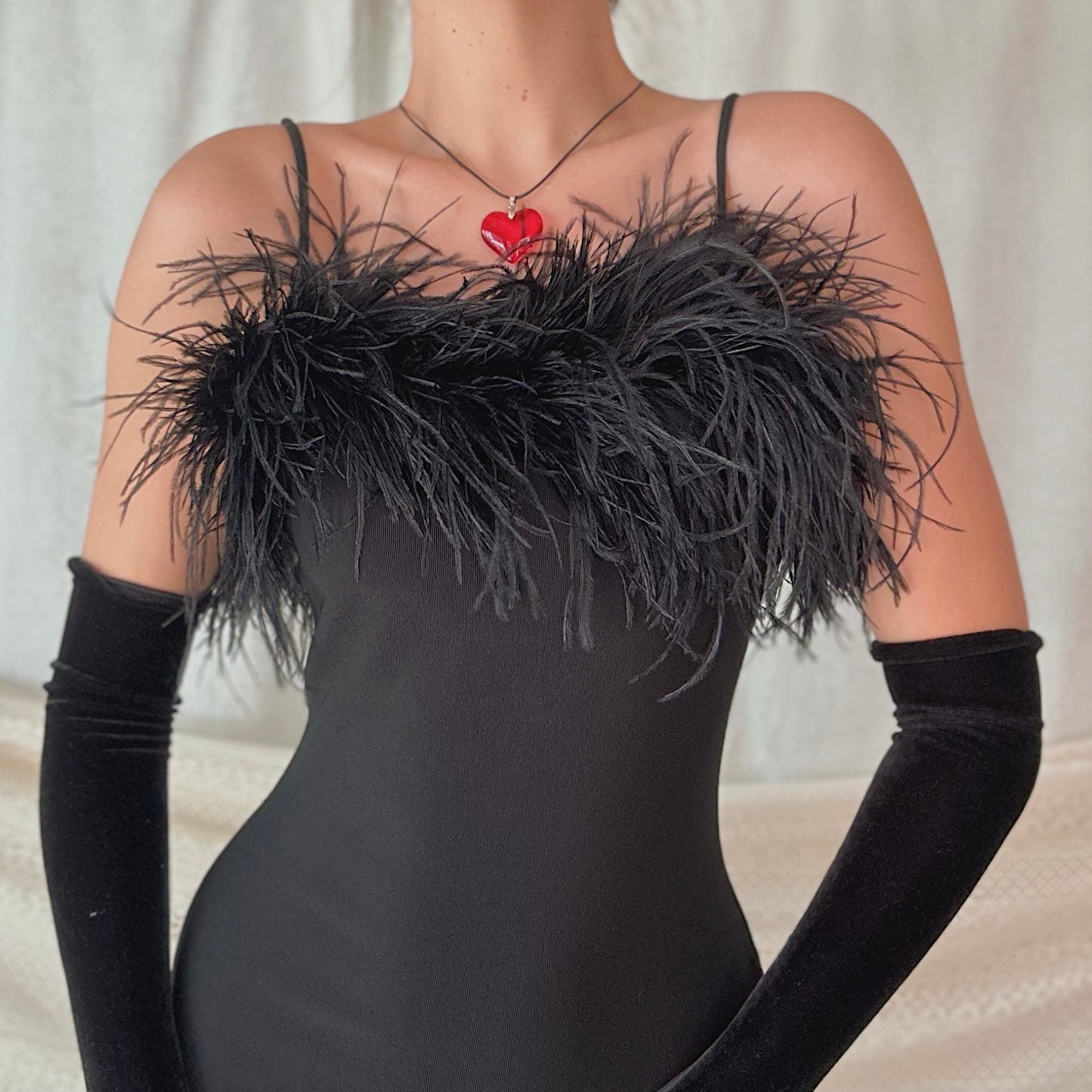 80's Black Ostrich Fur Mini Dress / SZ M
