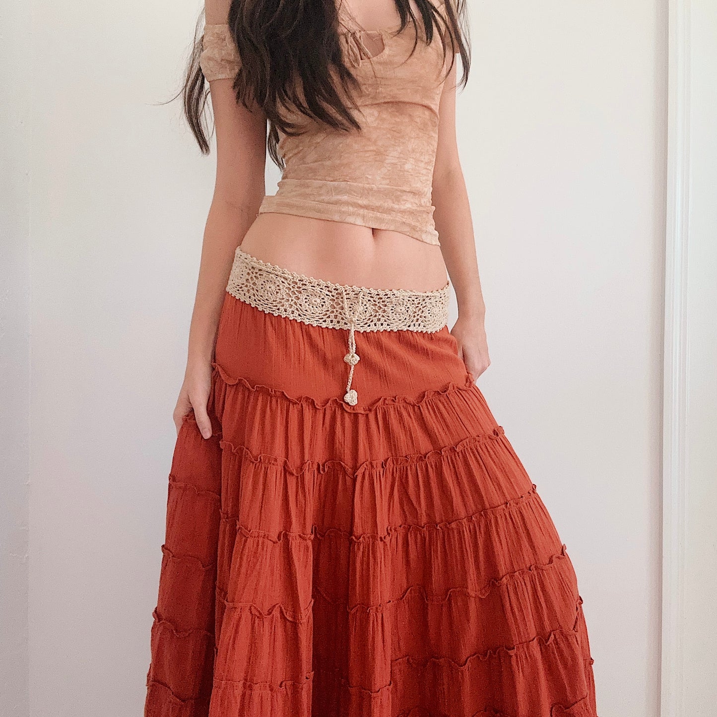 Y2K Burnt Orange Tiered Maxi Skirt / SZ M